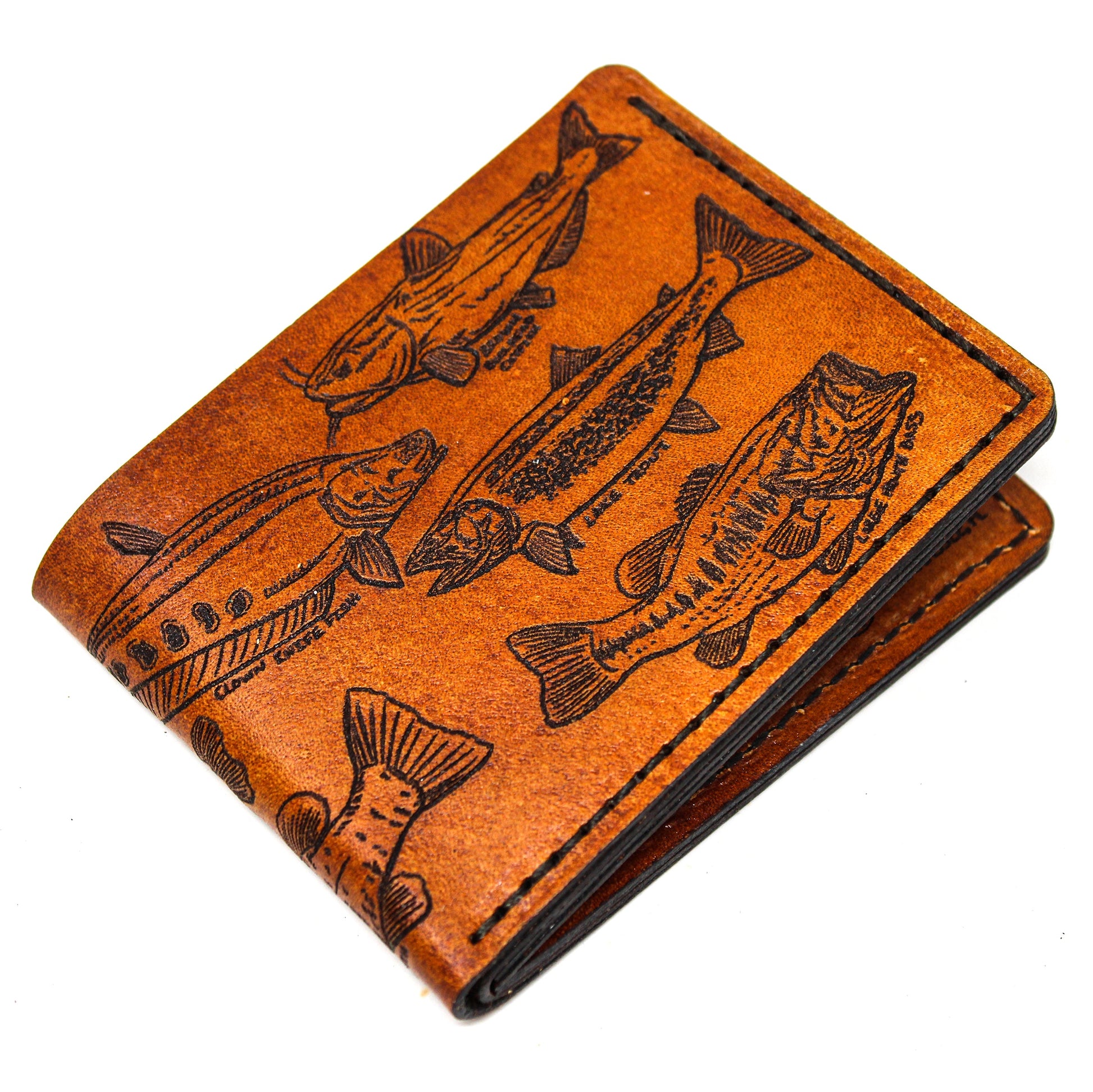 Leather billfold mens wallet with fresh water fish on it - folded side 2