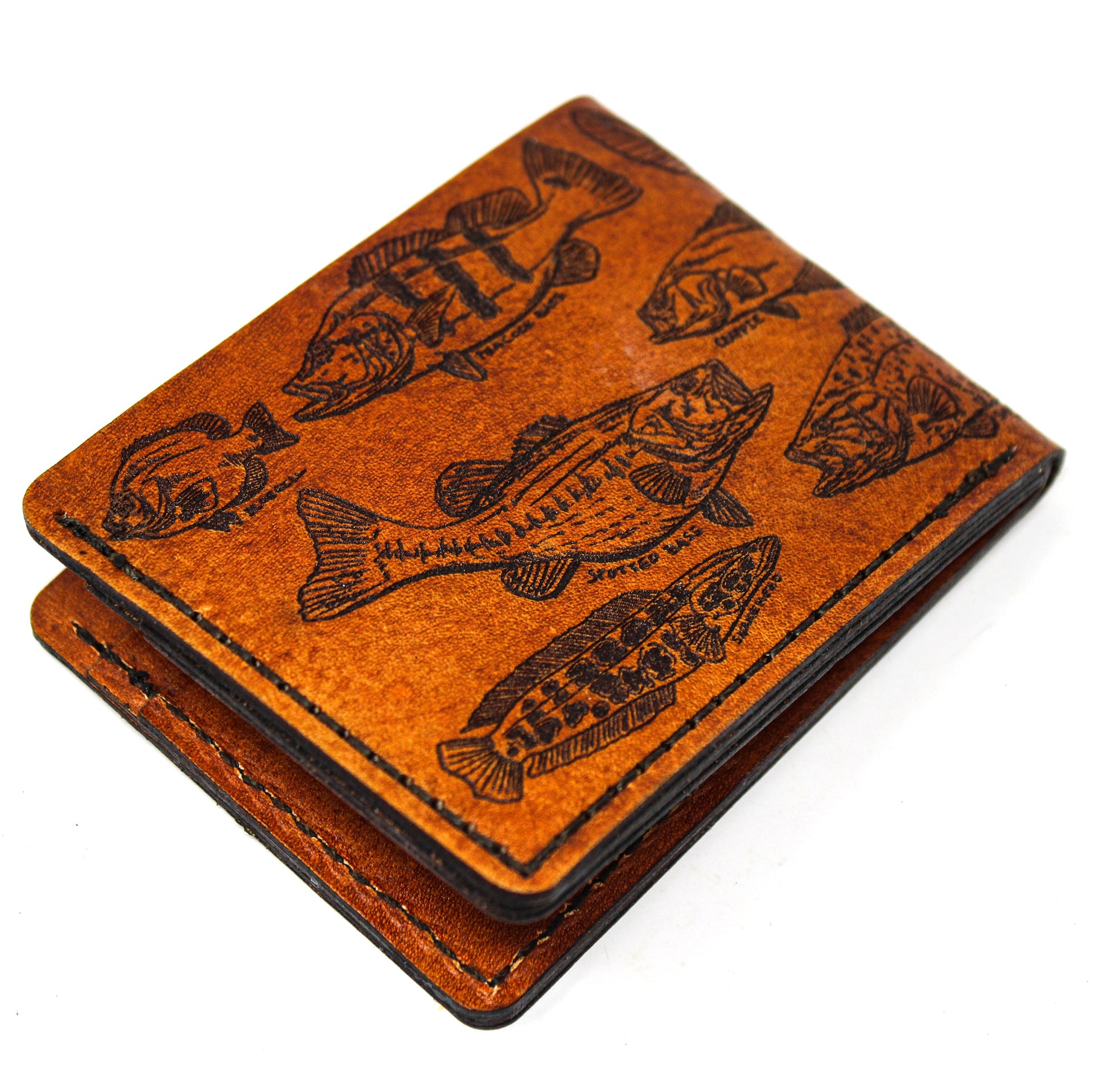 Leather billfold mens wallet with fresh water fish on it - folded side 1