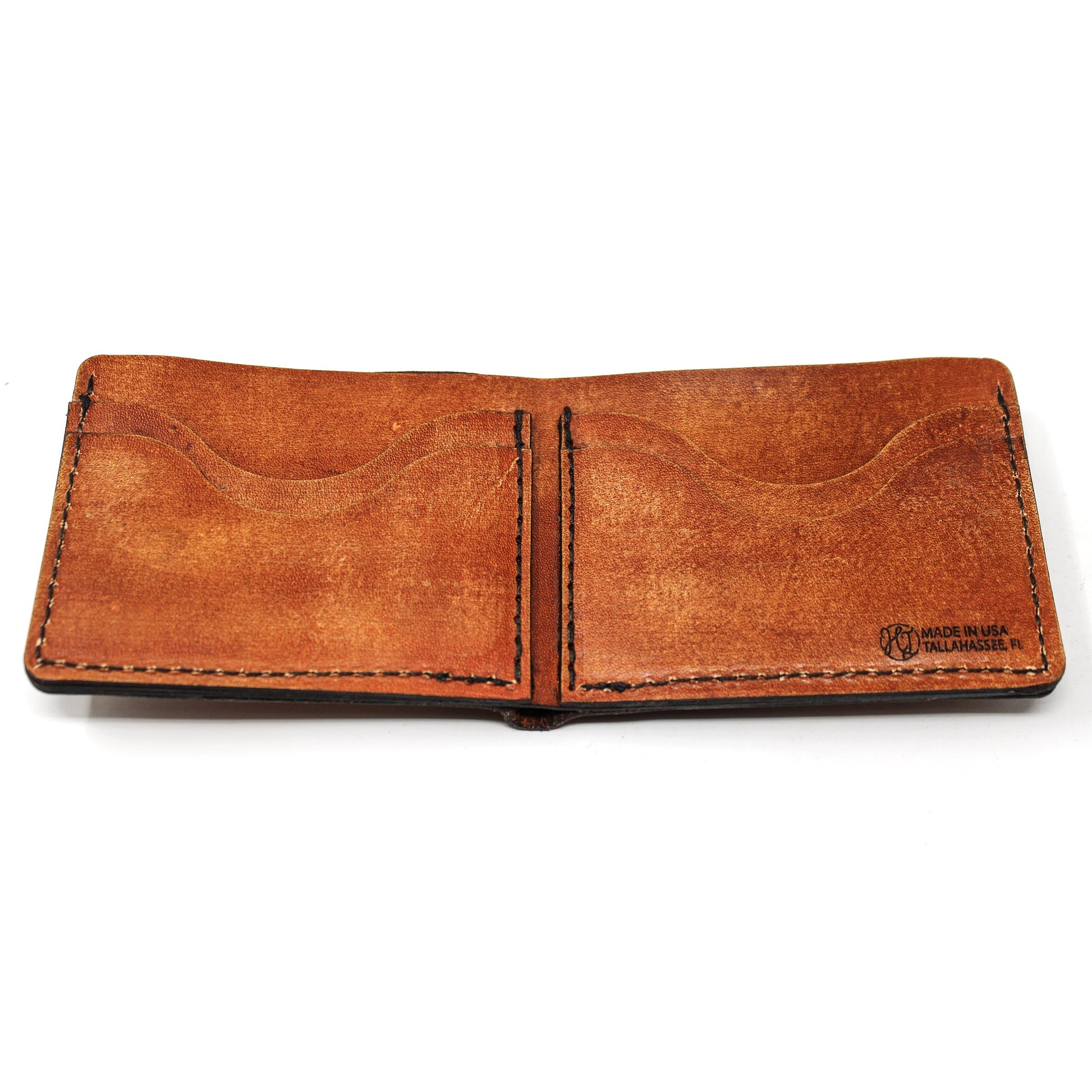 Leather billfold mens wallet with fresh water fish on it - inner open and empty.