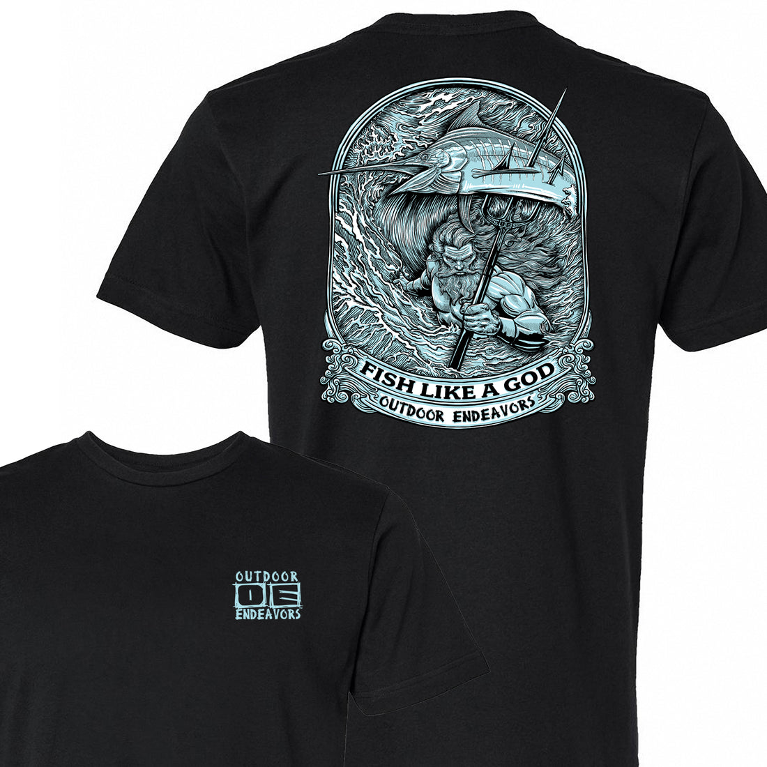 Black t-shirt with graphic design and 'Outdoor Endeavors' logo on a white background