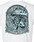 White t-shirt with a graphic design of a fisherman and fish, featuring the text 'Fish Like a God Outdoor Endeavors'.