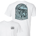 White t-shirt with graphic design and text on a white background