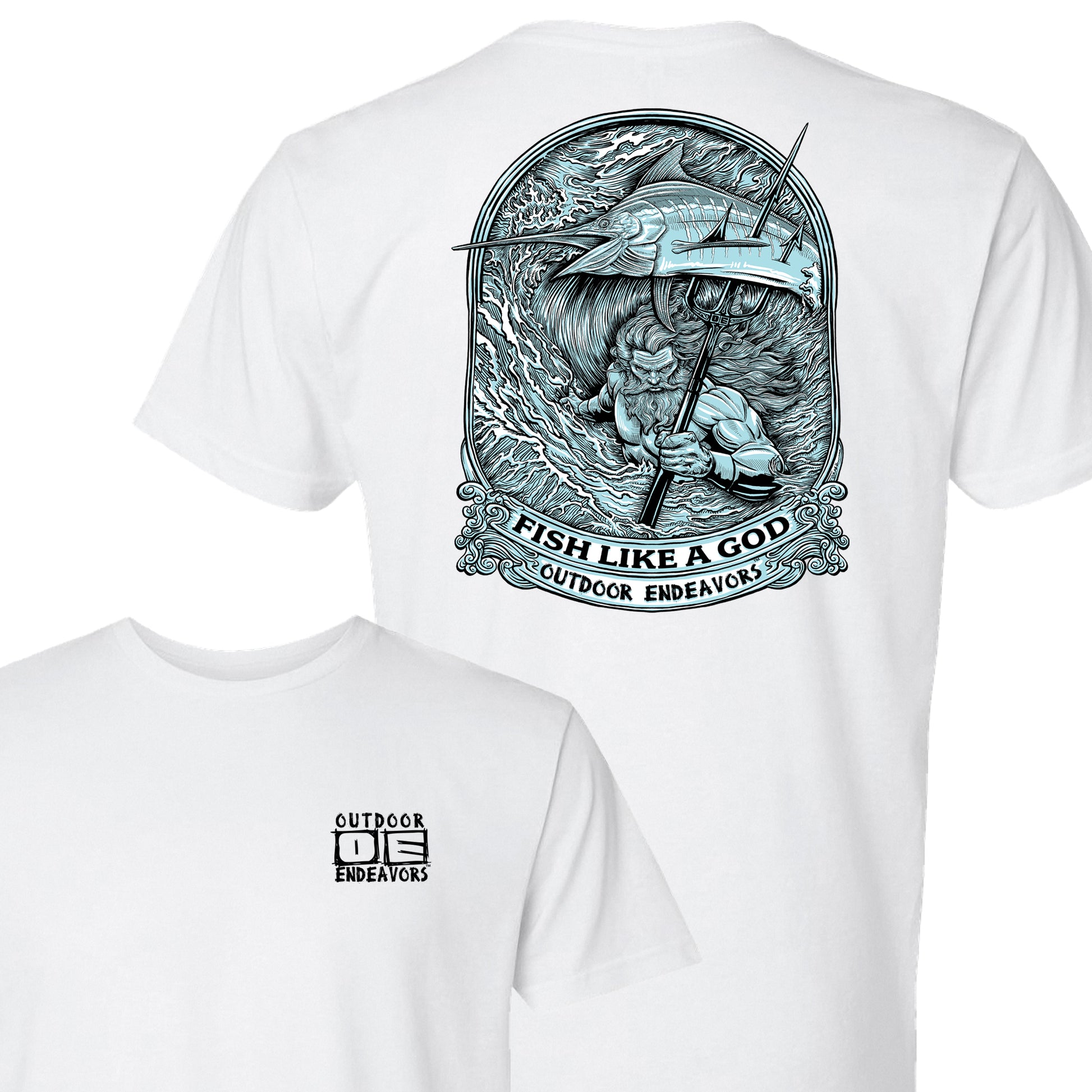 White t-shirt with graphic design and text on a white background