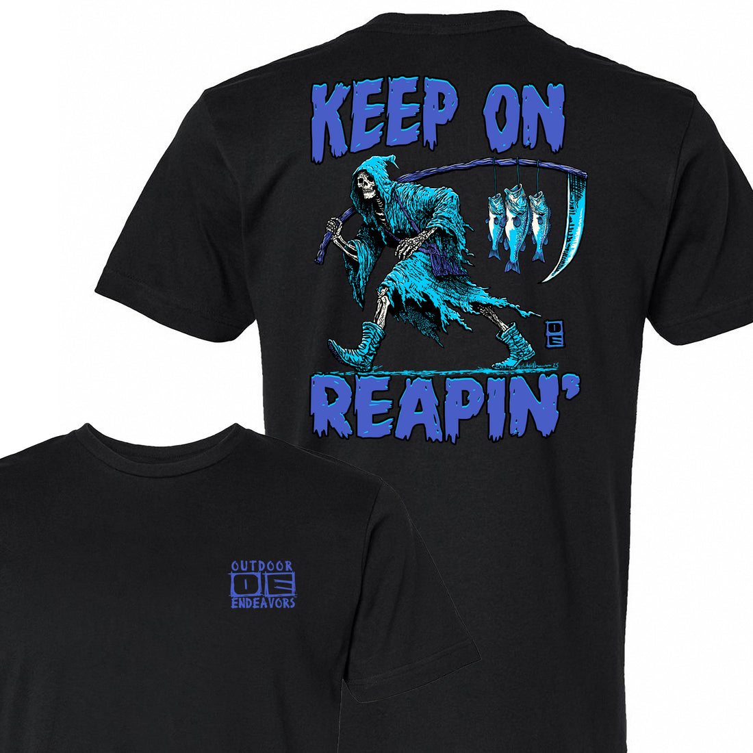 Black t-shirt with blue graphic of a skeleton holding a scythe and text 'KEEP ON REAPIN'' on the back, brand logo on the front.