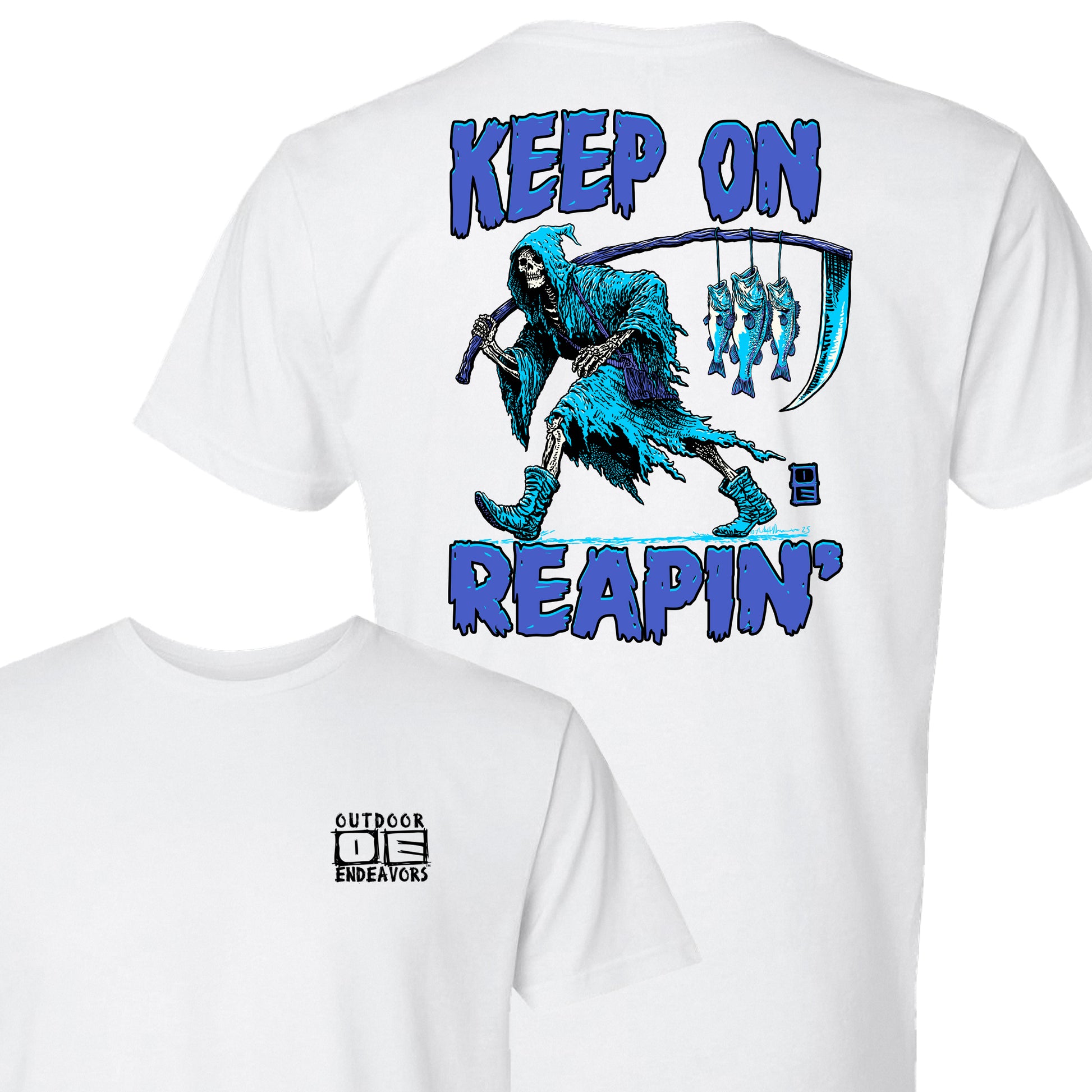 White t-shirt with a graphic of a blue skeleton holding a scythe and text 'Keep On Reapin'' on the back, with a smaller logo on the front.