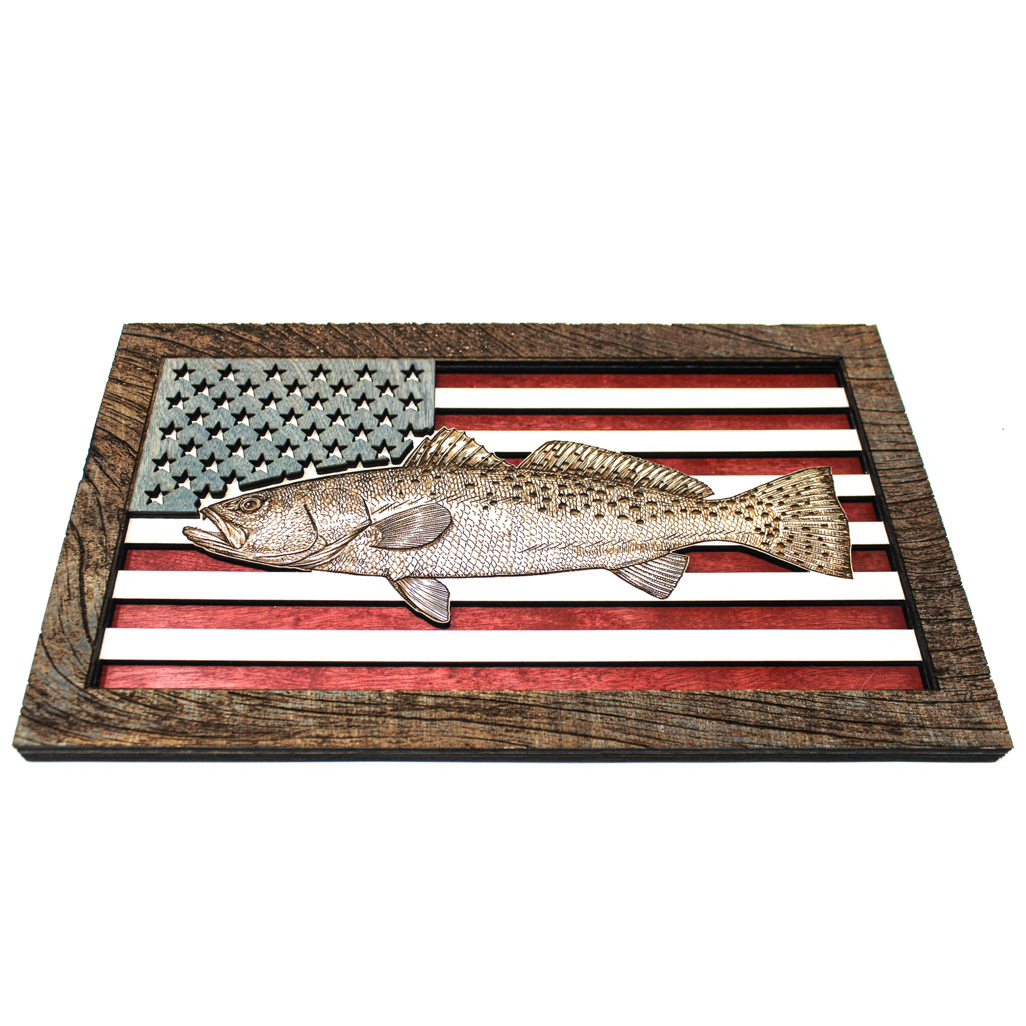 Wall Art - Speckled Sea Trout American Flag 3D Wood Art