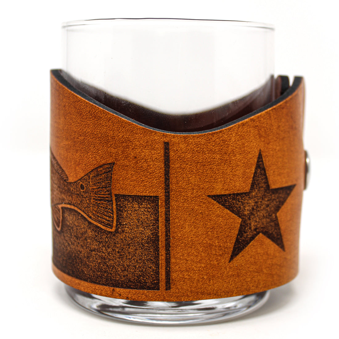 Whiskey Glass Leather Wrap - TX Flag Redfish Rocks Glass