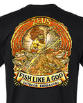 Black t-shirt with a gold graphic design featuring a fisherman and text on a white background