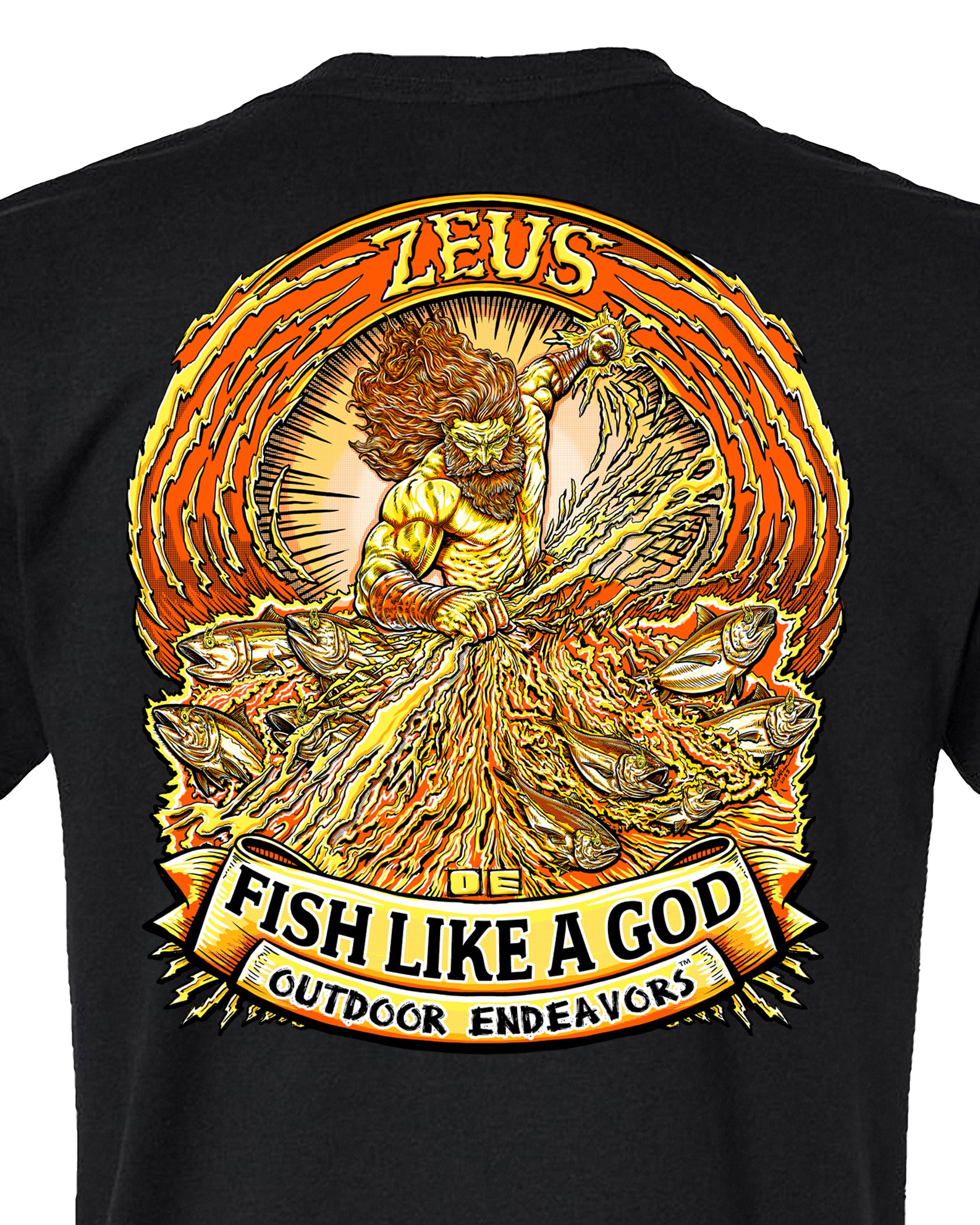 Black t-shirt with a gold graphic design featuring a fisherman and text on a white background