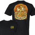 Black t-shirt with gold graphic and text on the back, featuring 'Fish Like a God' and 'Outdoor Endeavors' branding.