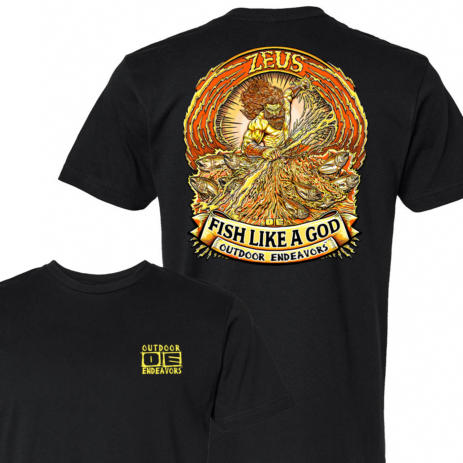 Black t-shirt with gold graphic and text on the back, featuring 'Fish Like a God' and 'Outdoor Endeavors' branding.