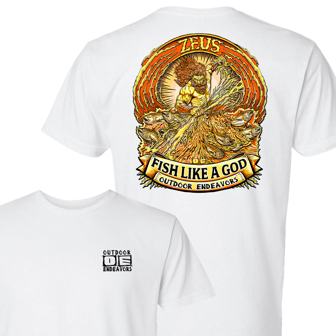 White t-shirt with a gold and orange graphic design on the back, featuring text and a logo.