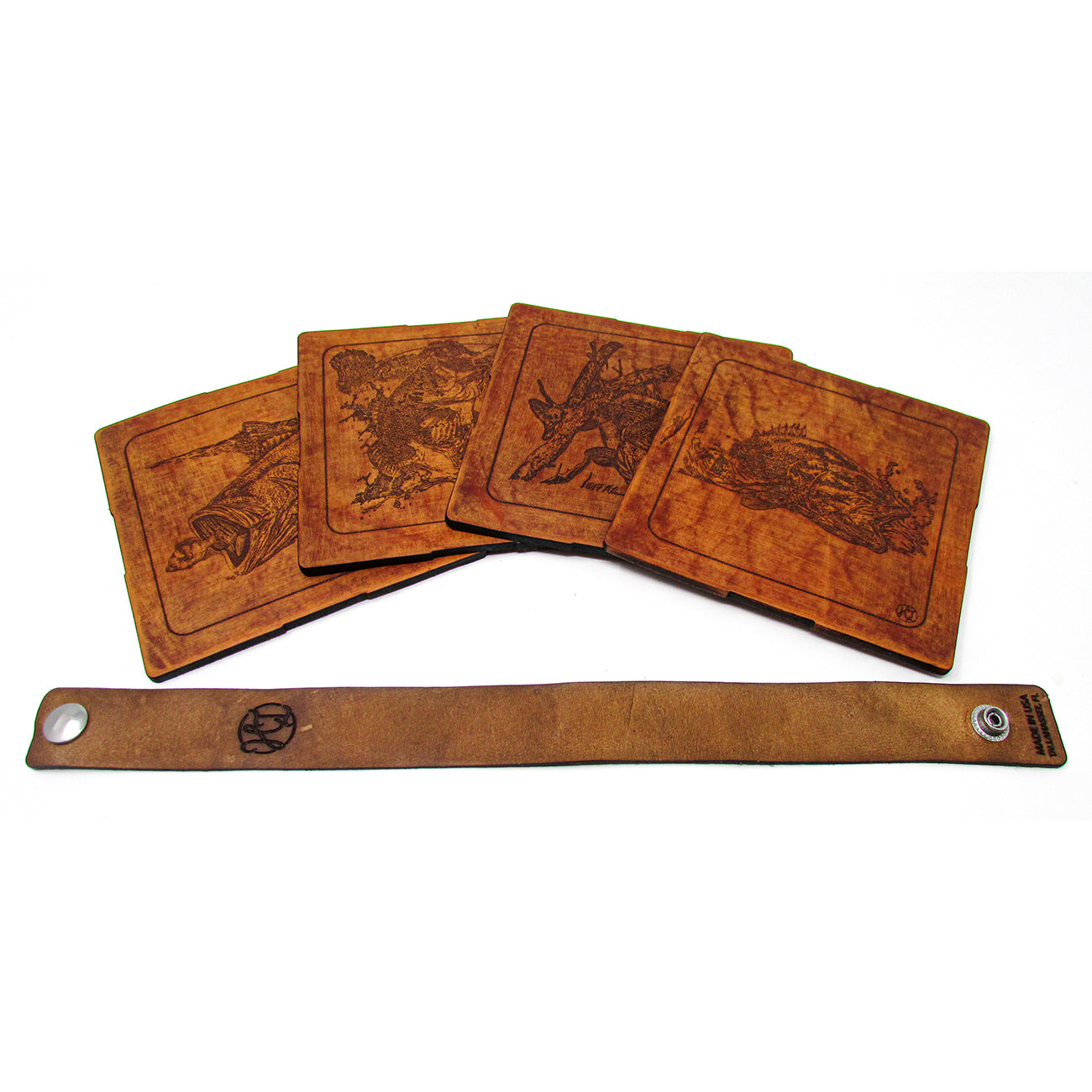 Coasters Set - Leather - Bass Fishing