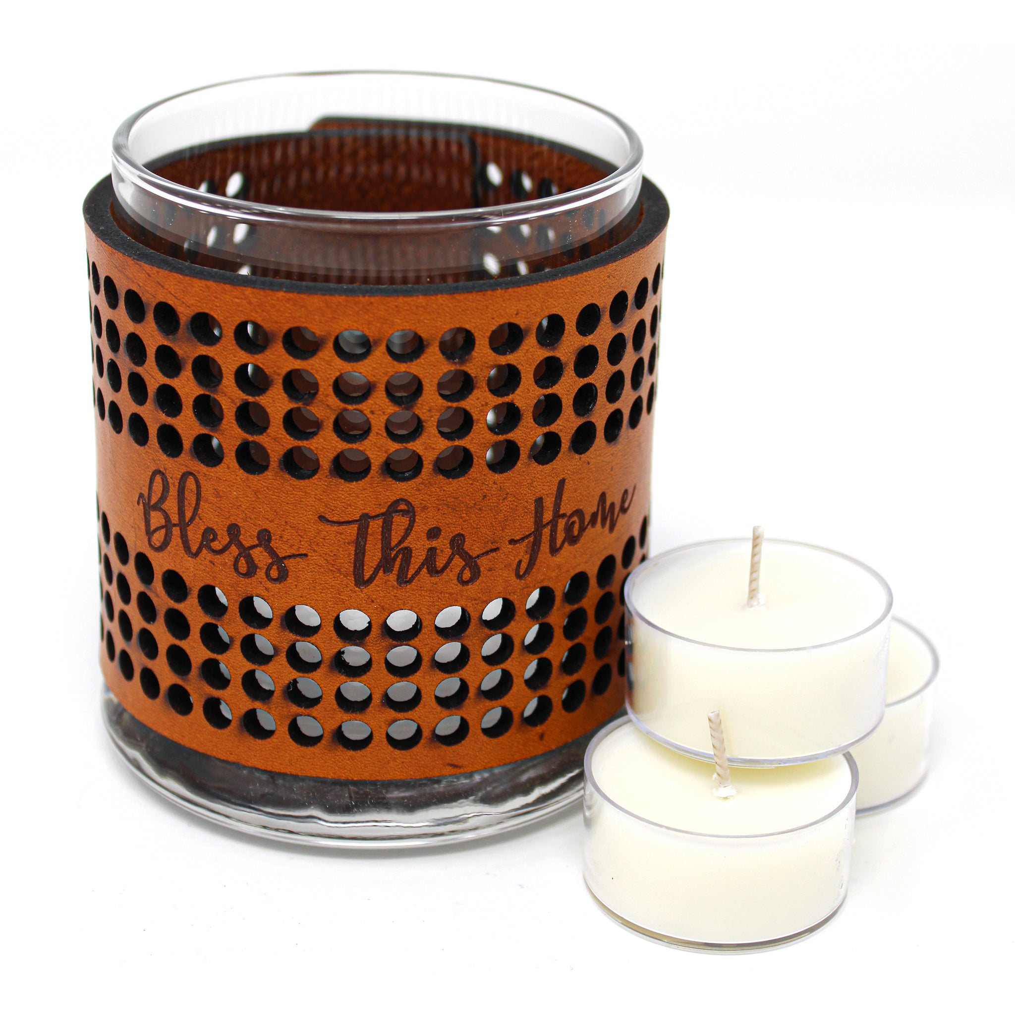 Leather Luminary Candle Set - Arched Circles - Bless This Home