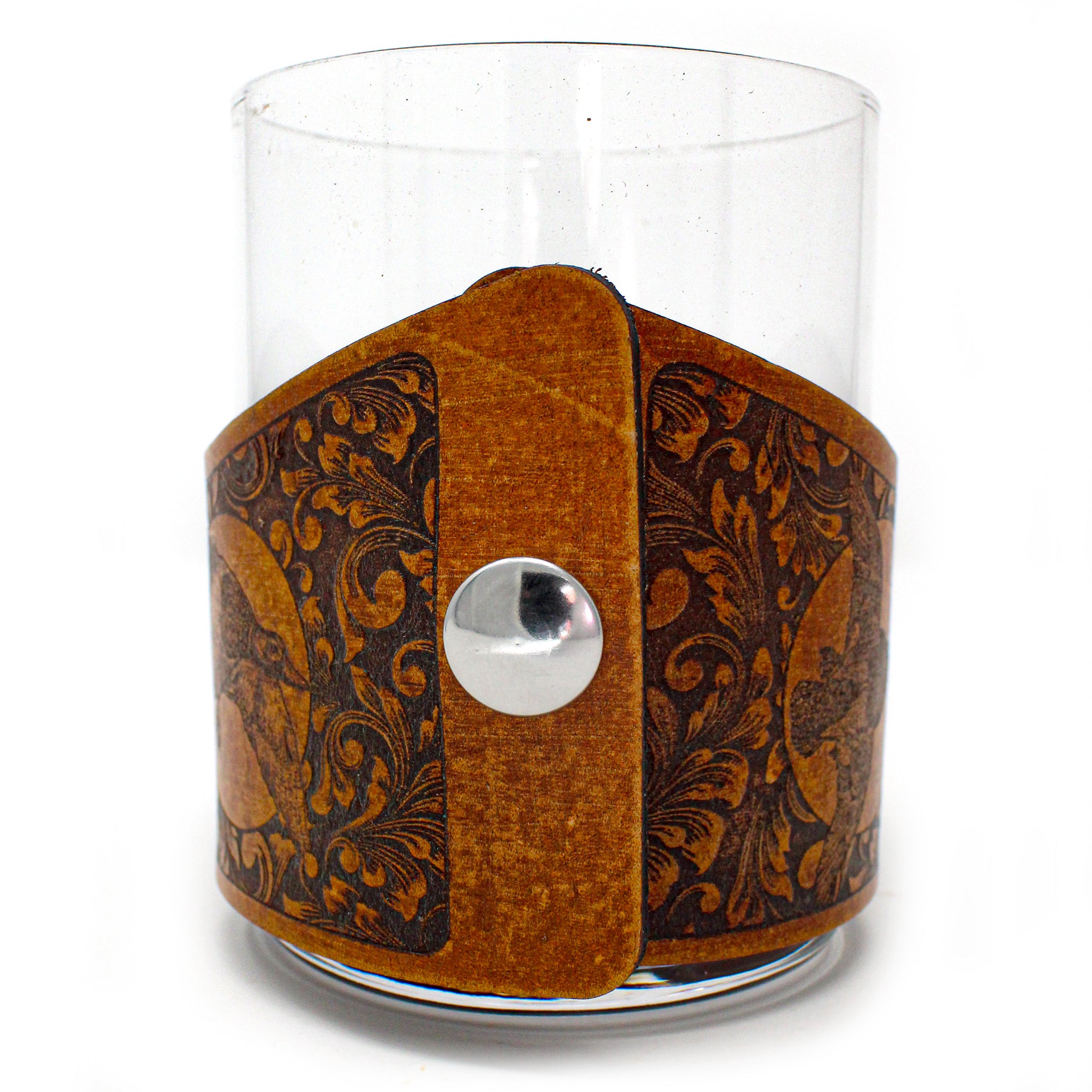 Whiskey Glass Leather Wrap - Mallard Retreived Bird Dog Engraver glass