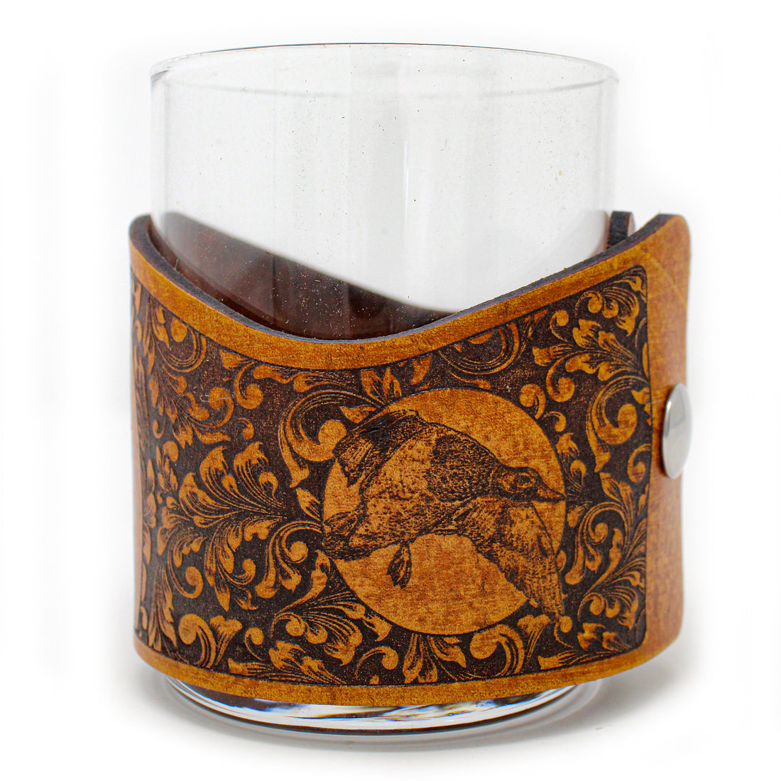 Whiskey Glass Leather Wrap - Lab Bird Dog Rocks Glass