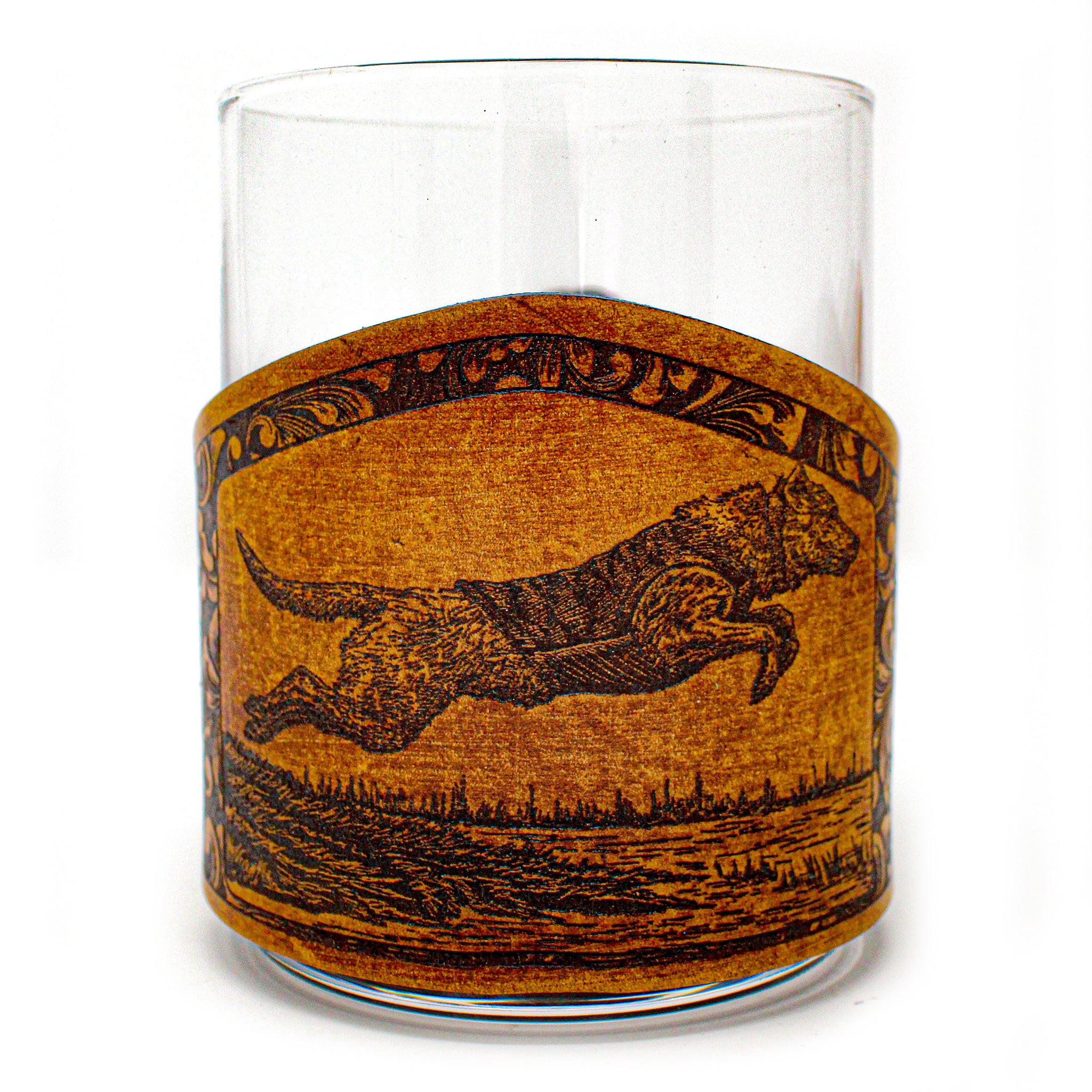 Whiskey Glass Leather Wrap - Jumping Lab Bird Dog Rocks Glass