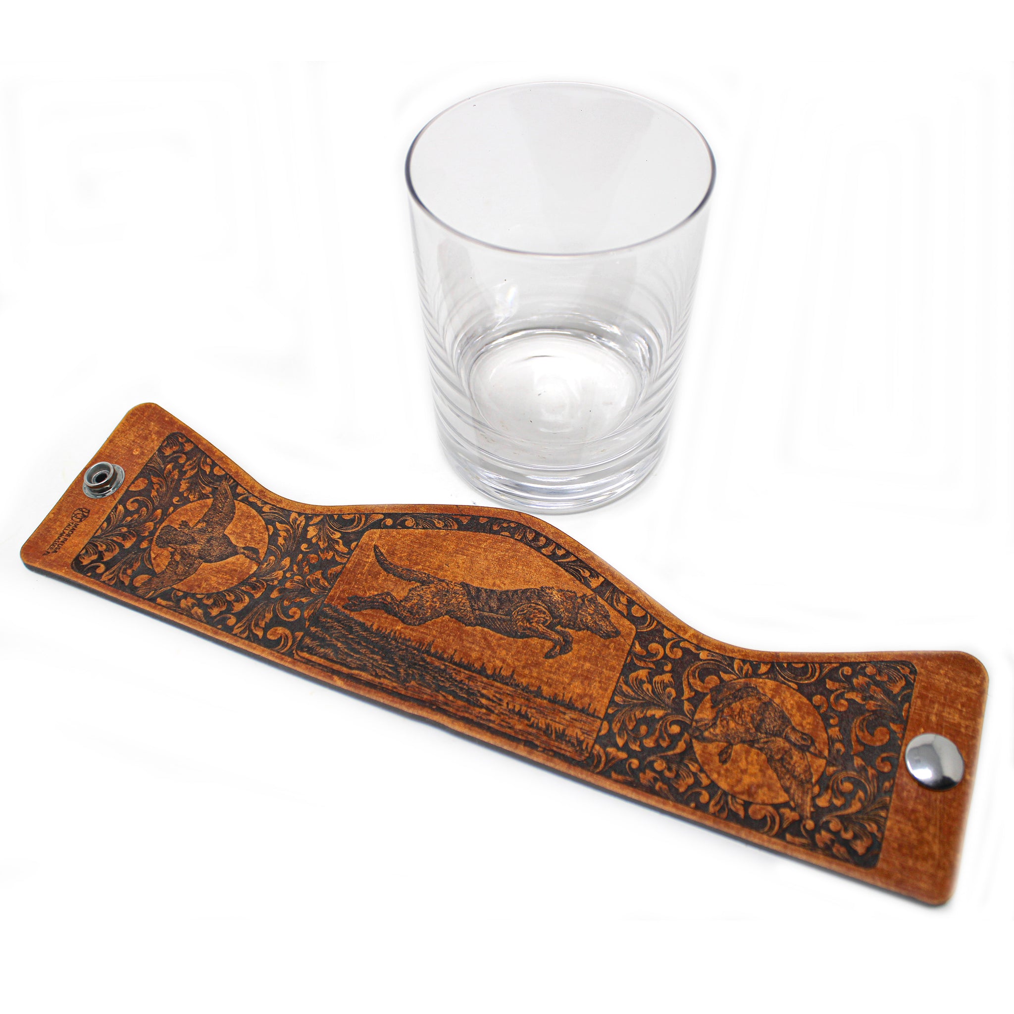 Whiskey Glass Leather Wrap - Jumping Lab Bird Dog Engraver glass