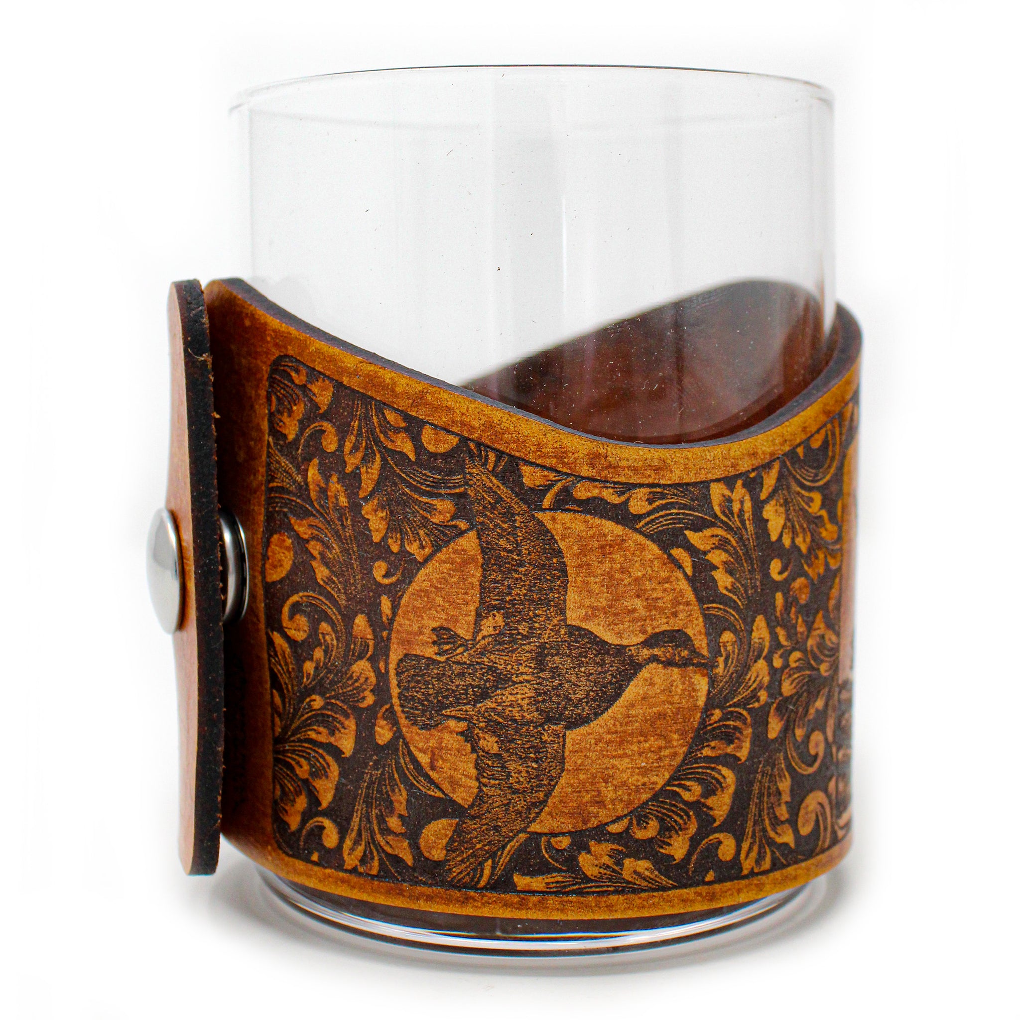 Whiskey Glass Leather Wrap - Jumping Lab Bird Dog Engraver glass