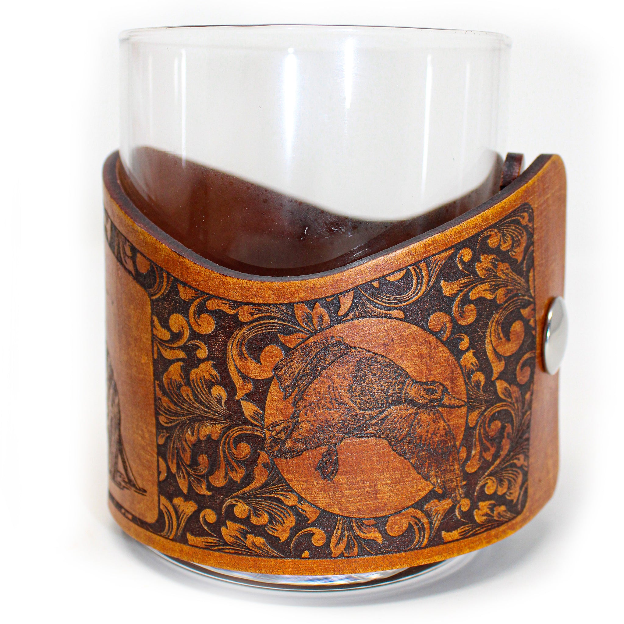 Whiskey Glass Leather Wrap - Mallard Retreived Bird Dog Engraver glass