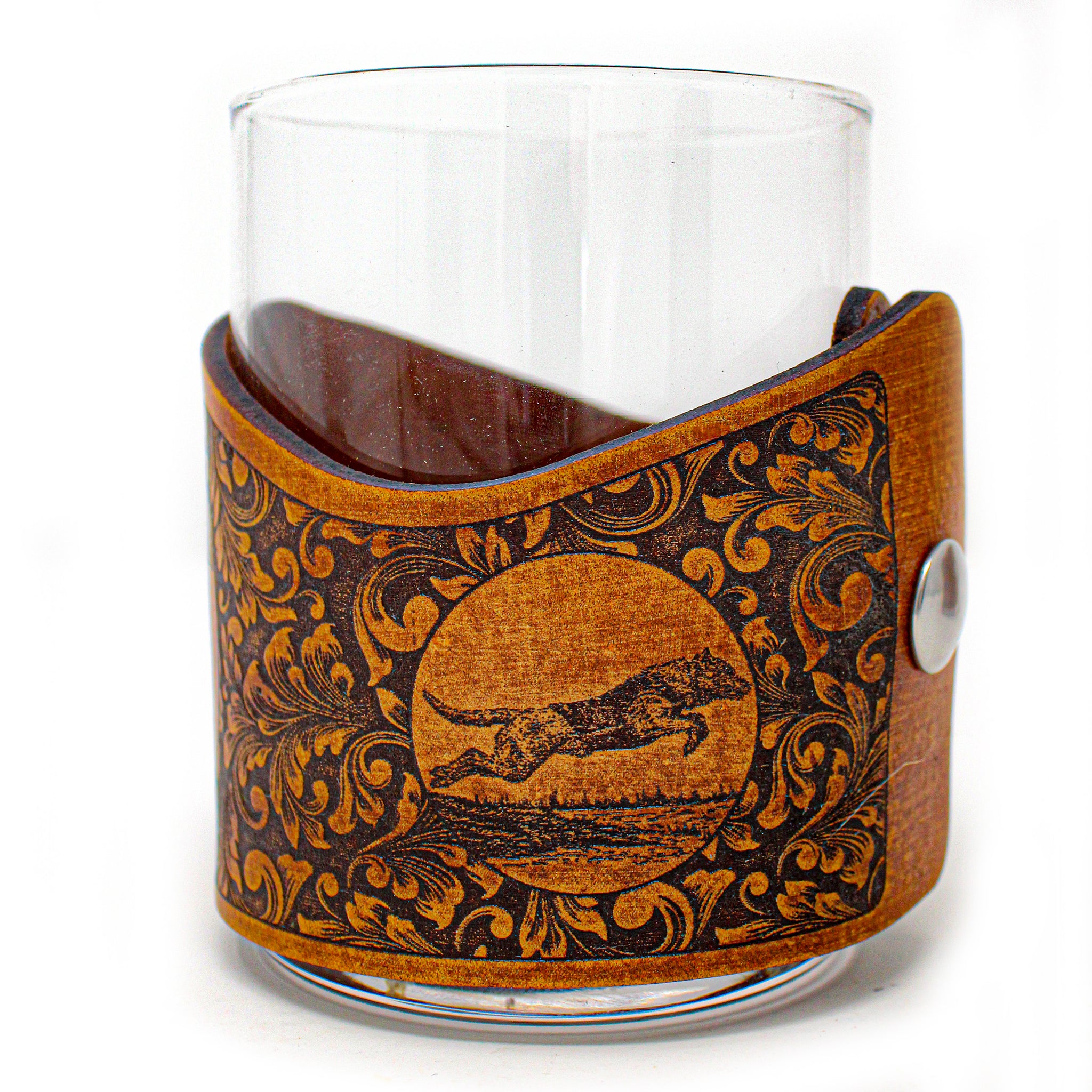 Whiskey Glass Leather Wrap - Mallards Bird Dog Engraver glass