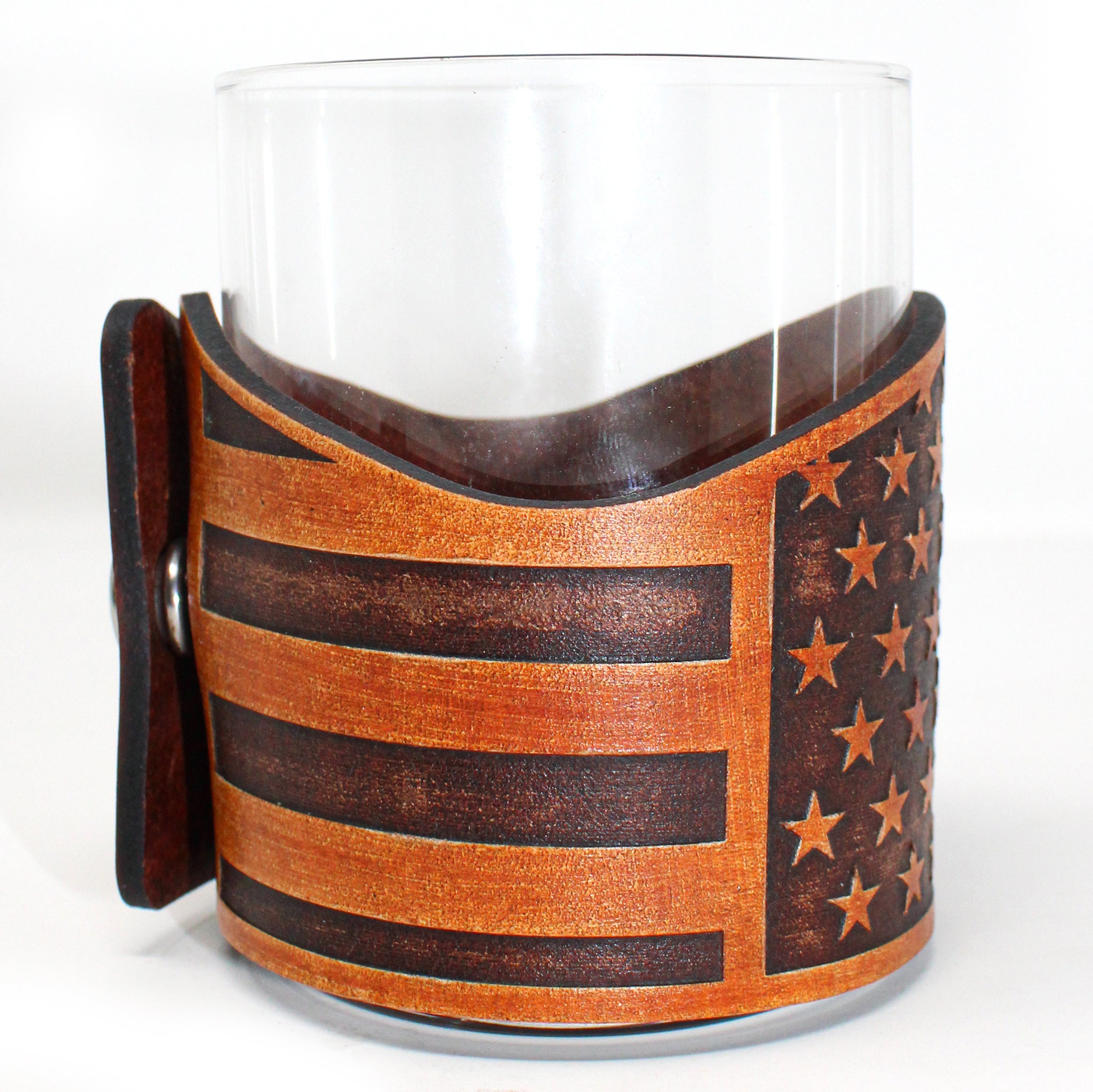 Whiskey Glass Leather Wrap - Stars and Bars Horizontal Engraver glass