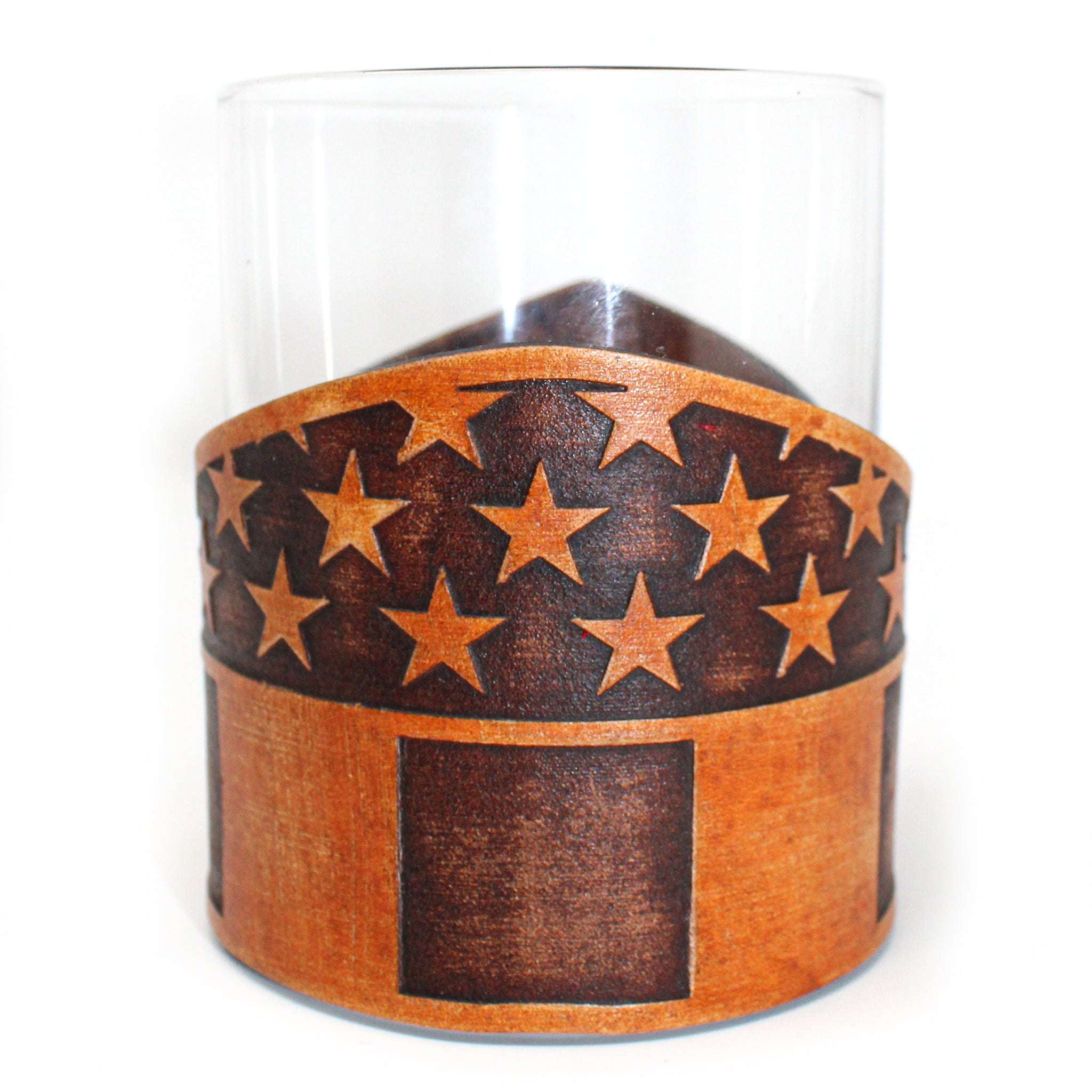 Whiskey Glass Leather Wrap - Stars and Stripes Vertical Rocks Glass