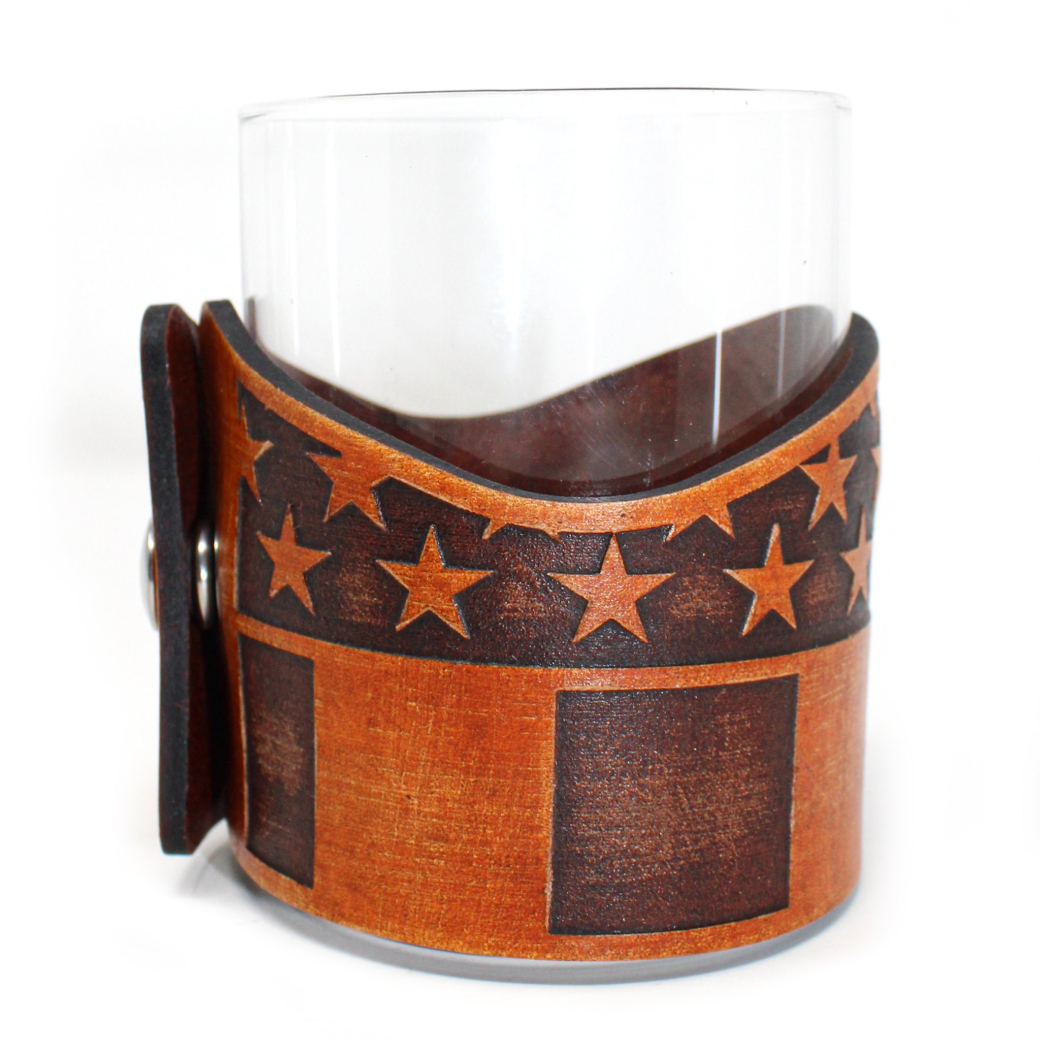Whiskey Glass Leather Wrap - Stars and Bars Vertical Engraver glass