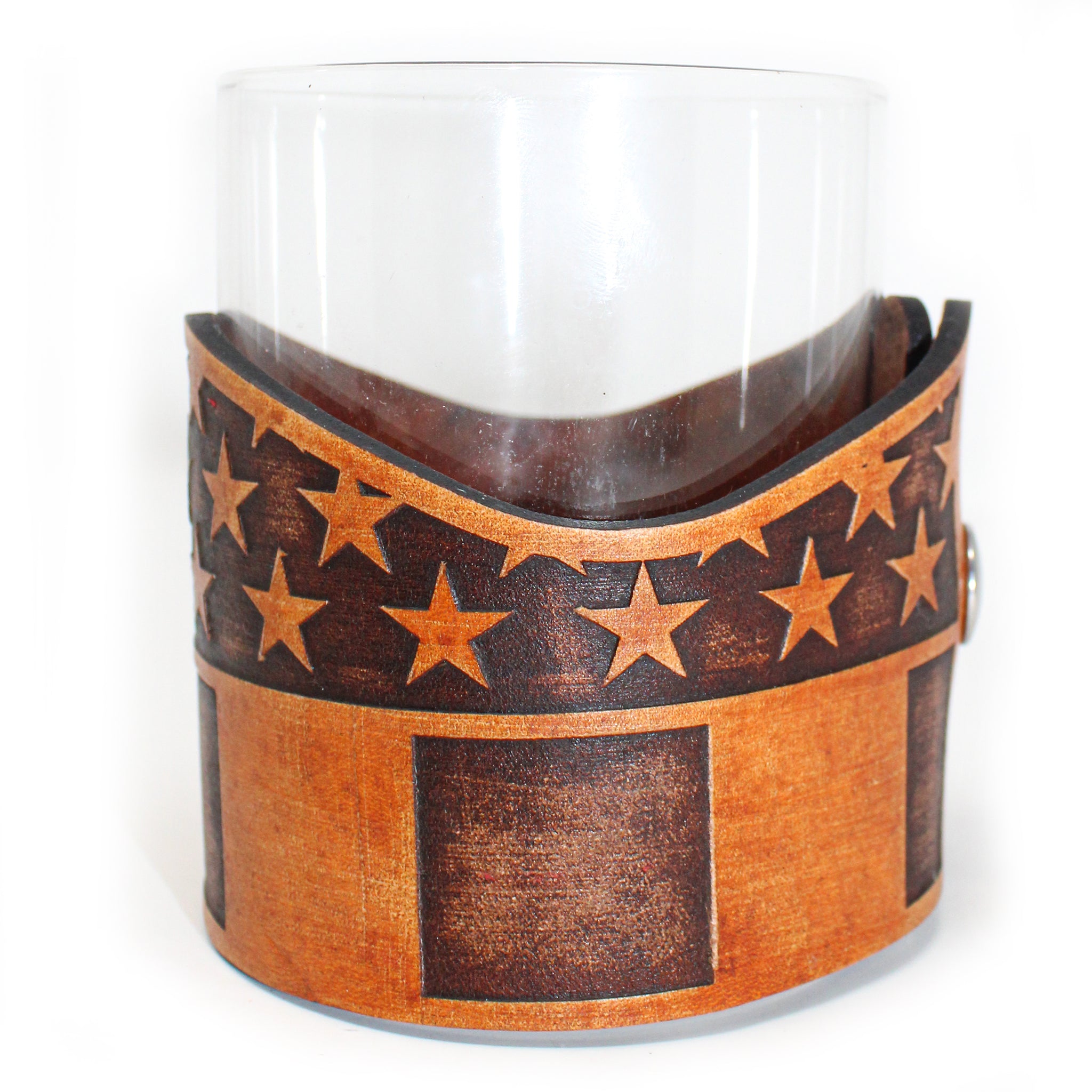 Whiskey Glass Leather Wrap - Stars and Bars Vertical Engraver glass