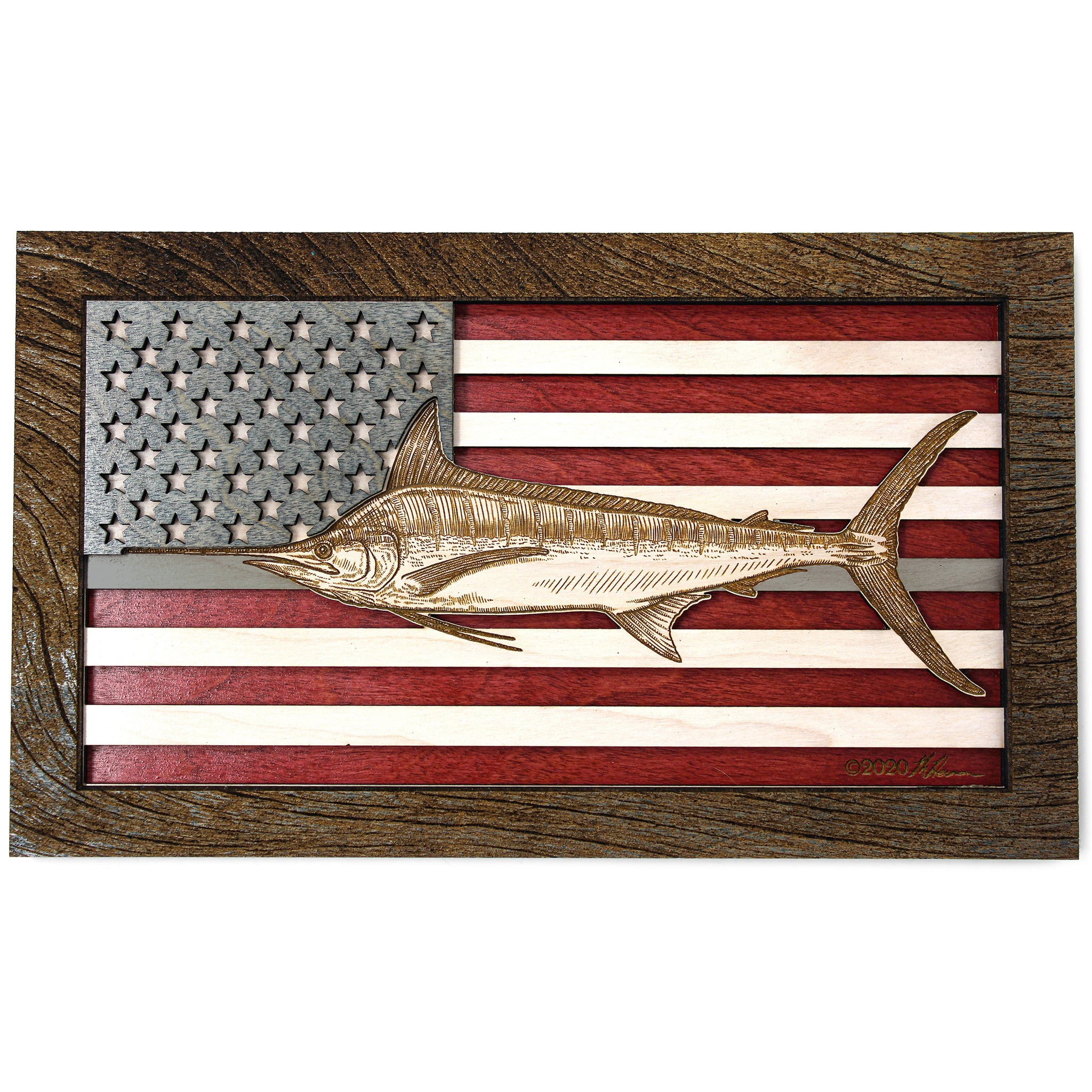 Wall Art - Blue Marlin American Flag 3D Wood Art