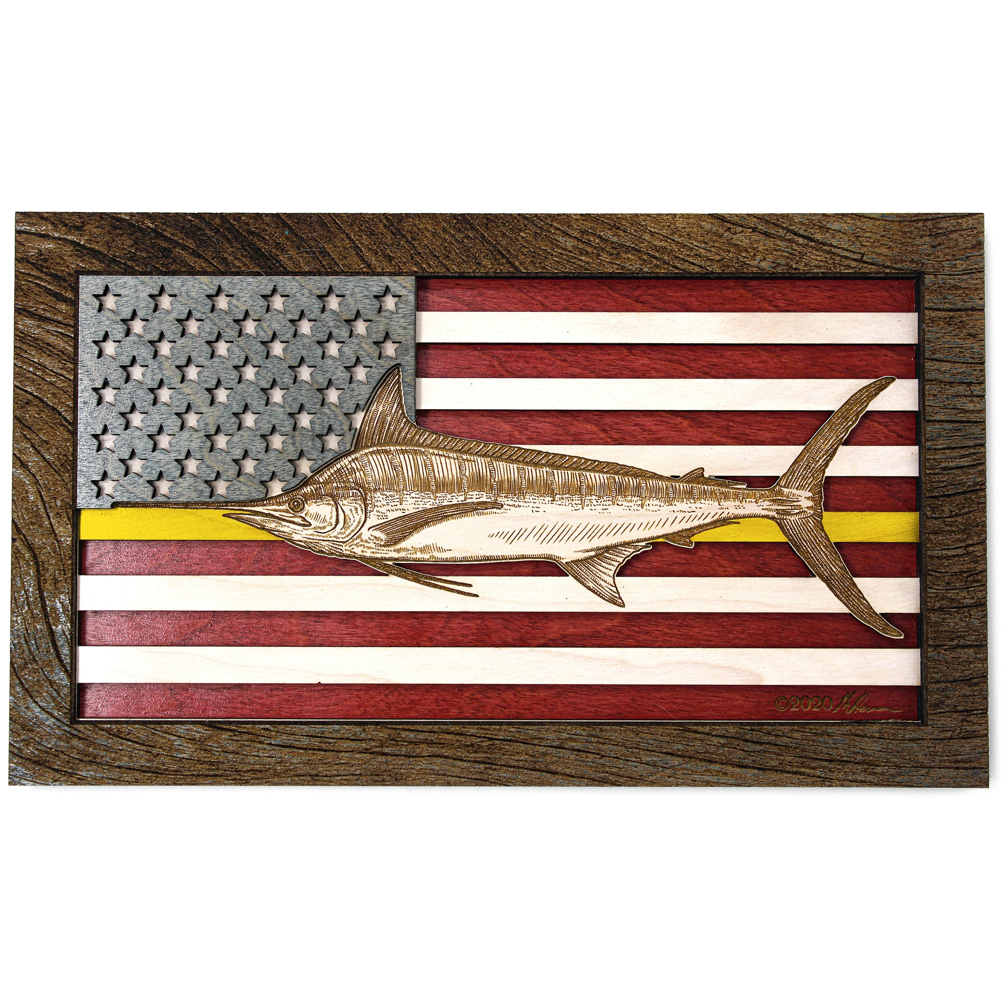 Wall Art - Blue Marlin American Flag 3D Wood Art