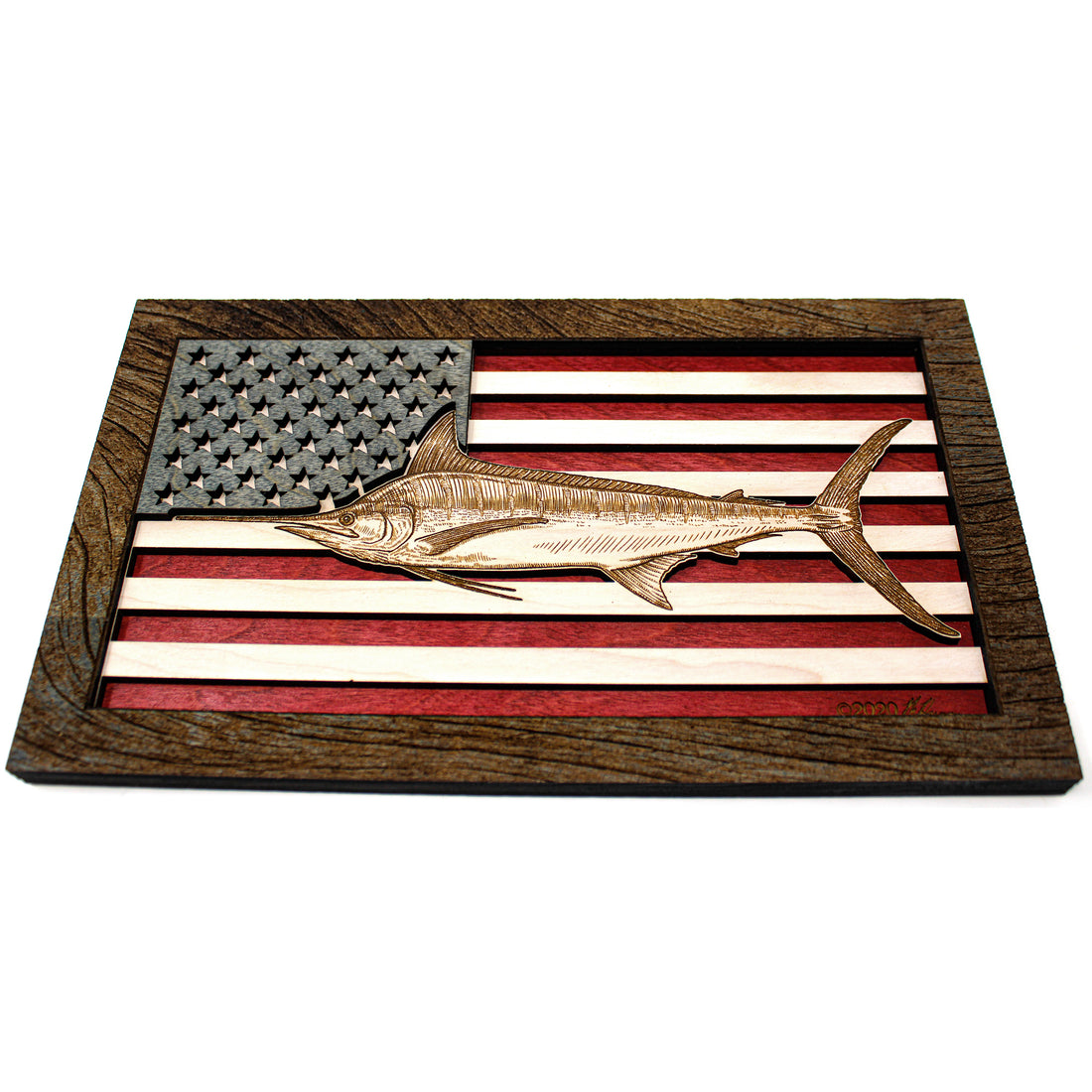 Wall Art - Blue Marlin American Flag 3D Wood Art