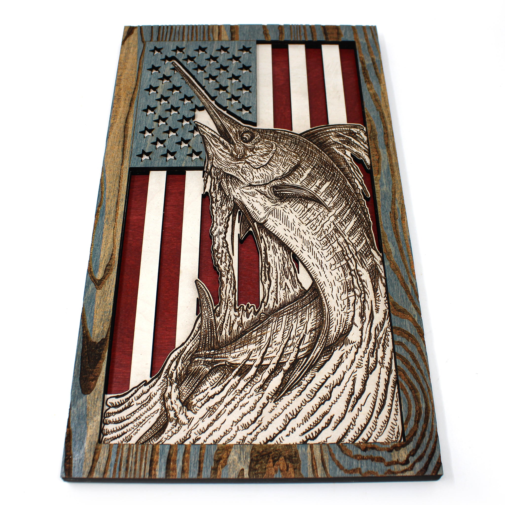 Wall Art - Jumping Marlin American Flag 3D Wood Art