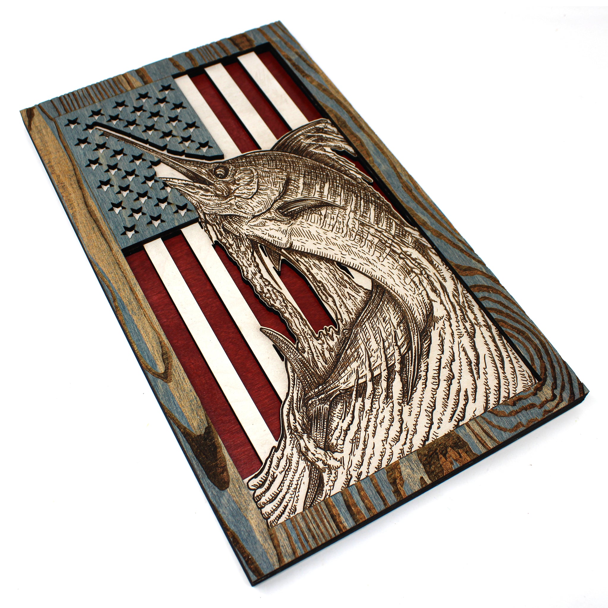Wall Art - Jumping Marlin American Flag 3D Wood Art