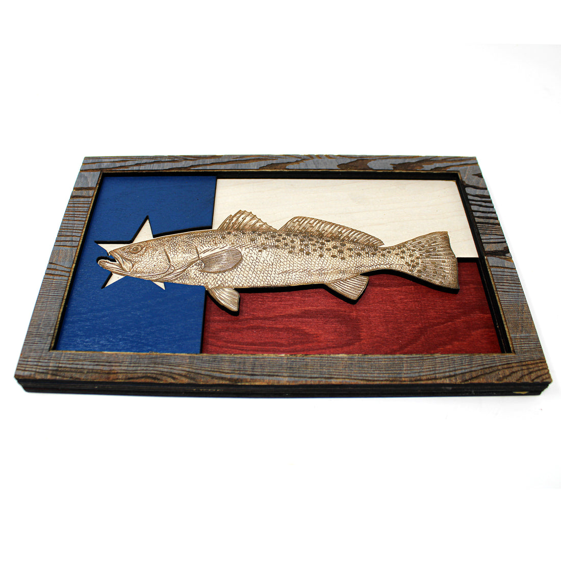 Arte de pared - Trucha de mar moteada Bandera de Texas Arte de madera 3D